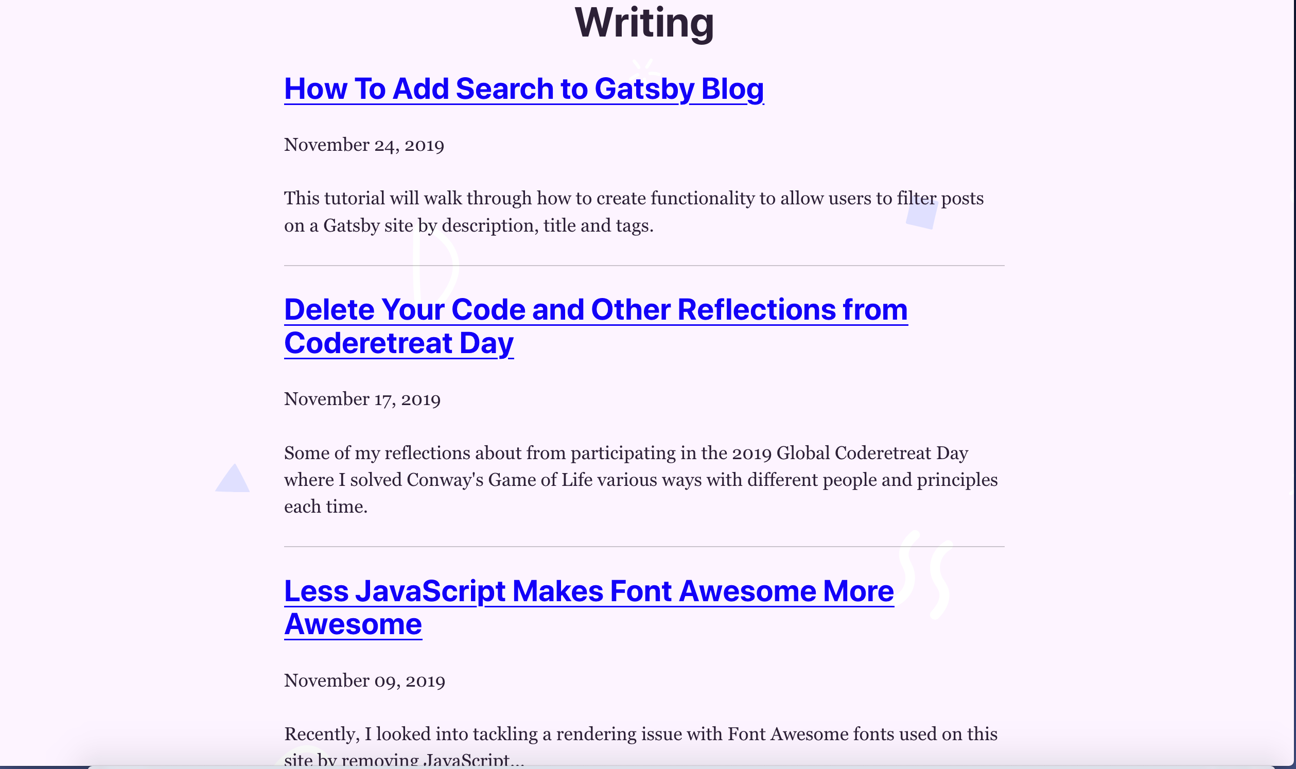 list of posts after setting up initial template