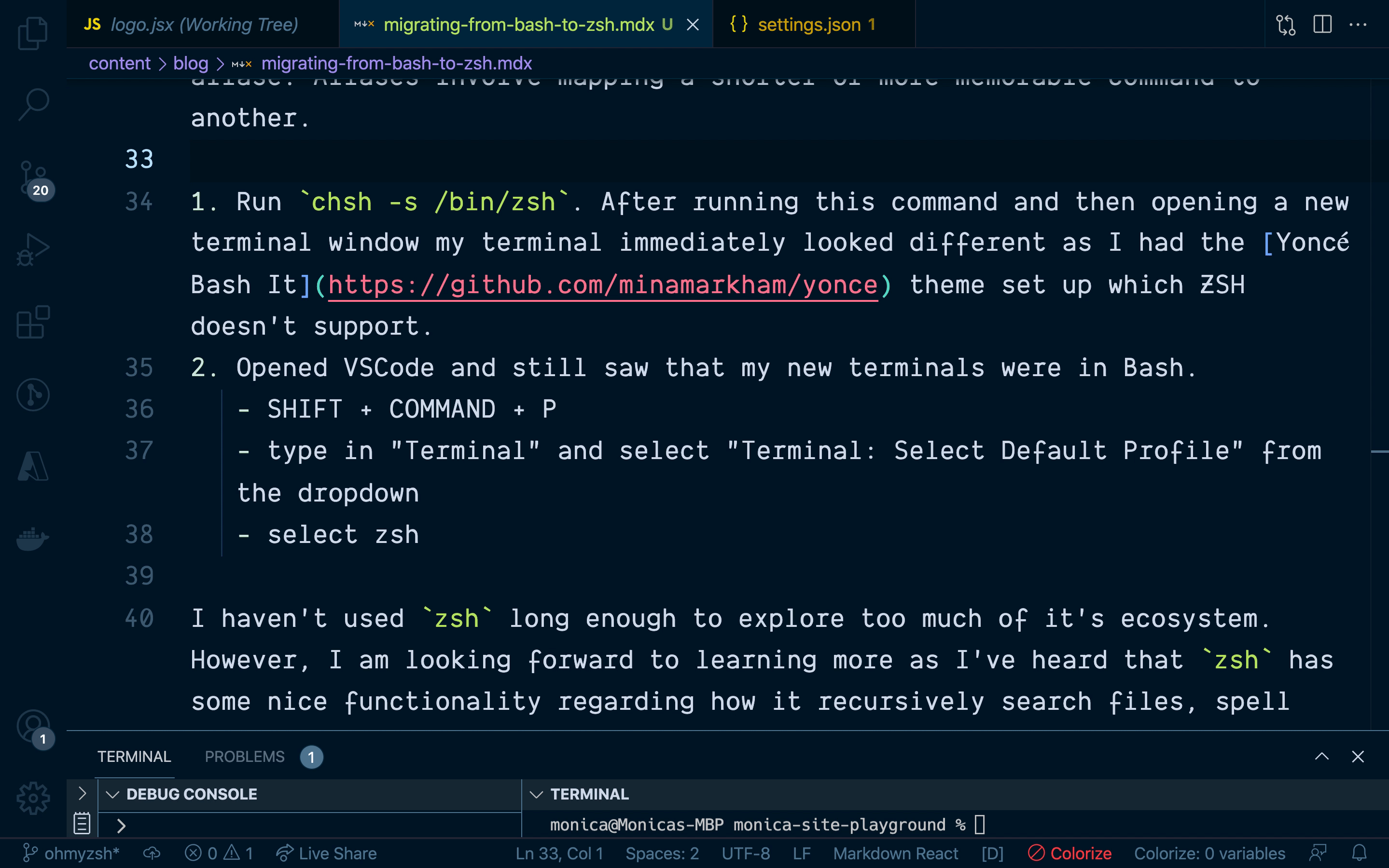 gif of selecting default profile in VSCode