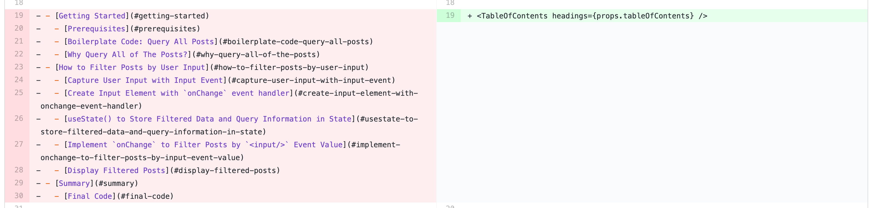 diff with markdown table of contents vs MDX table of contents