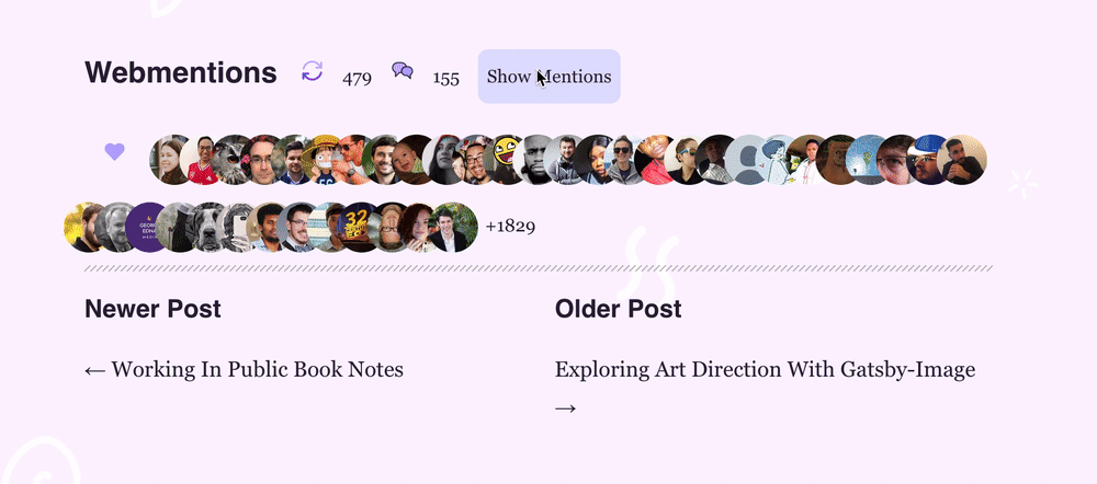 scrolling through Webmentions which show the number of RTs, likes and replies. Toggled on and off the view that shows the content of individual replies